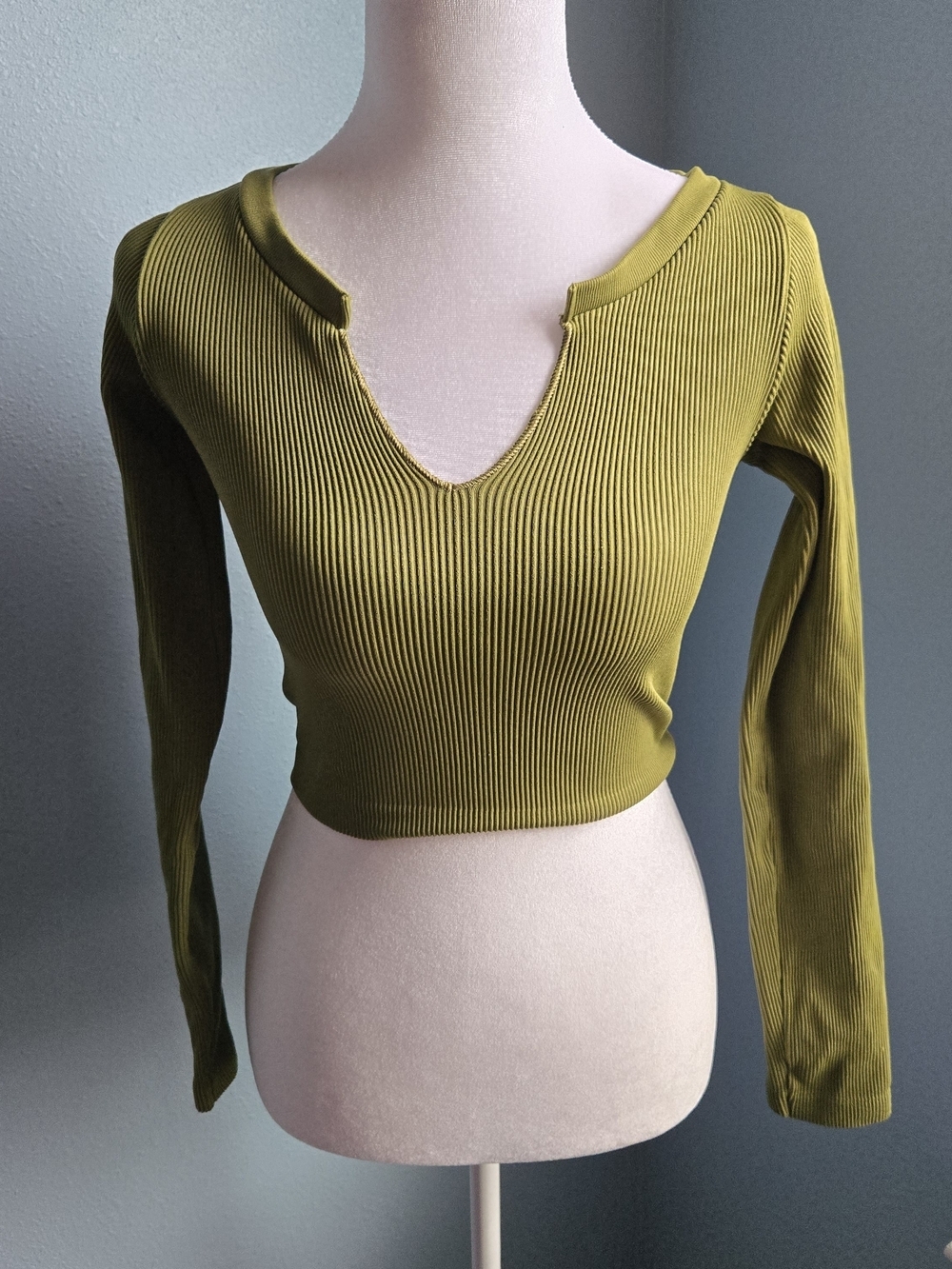 Urban Outfitters Olive Ribbed V-Notch Long Sleeve Crop Top
